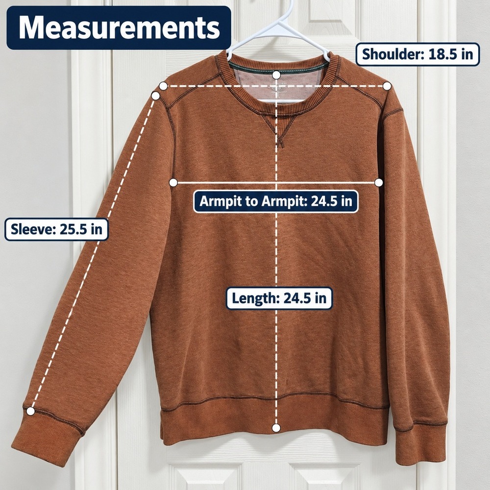 GH Bass & Co Mens Rust Brown Crewneck Sweatshirt Large V-Stitch Pullover - Picture 8 of 8